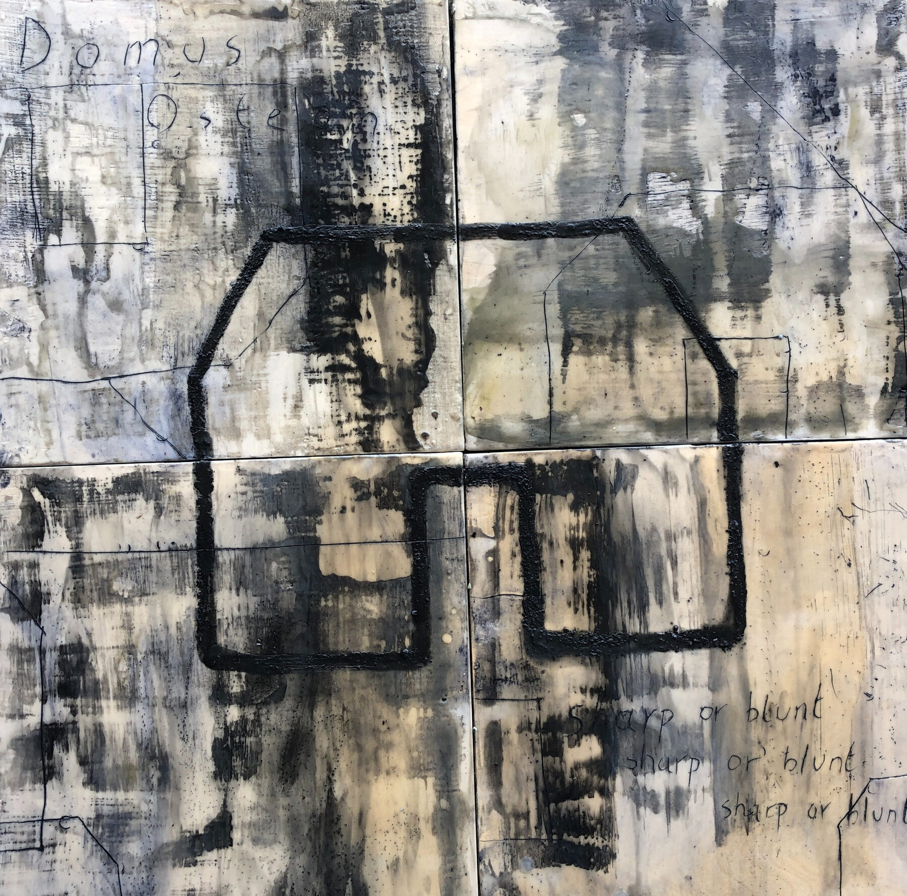 Four square panels of layered grey, black and bone-coloured paint, crossed by a thick black outline of a house. Scratched handwriting reads Domus Osteo at top left and sharp or blunt, repeated, at lower right.