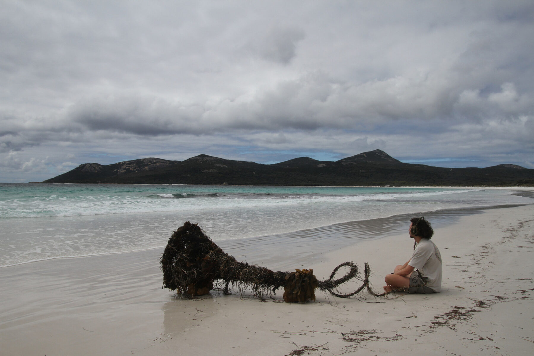 A large horn-shaped form woven from dark seagrass lying on a white sand beach, with a person sitting beside its mouth, listening, under a grey sky with hills across the bay.
