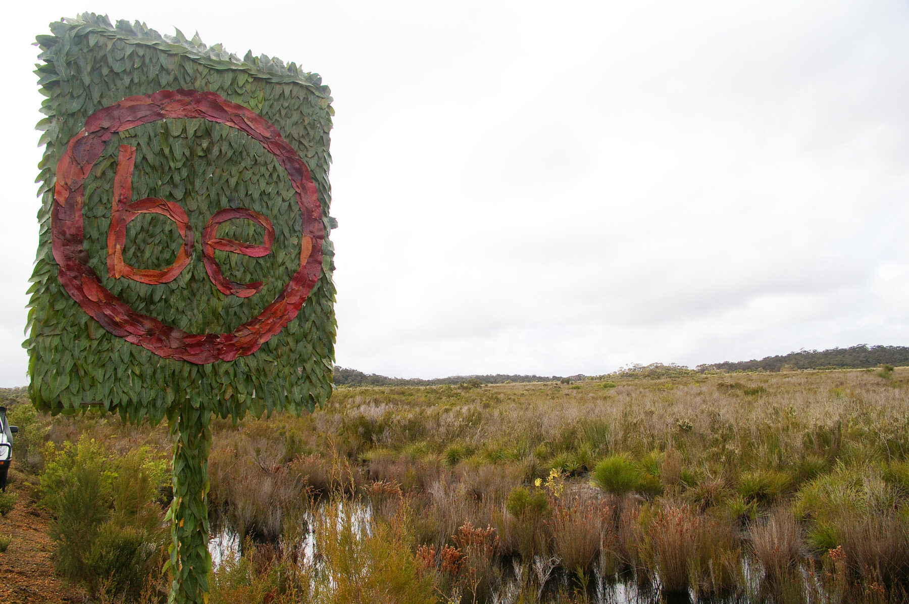 A roadside sign clad entirely in green redgum leaves, with the letters be in a red circle, standing above low coastal heath.