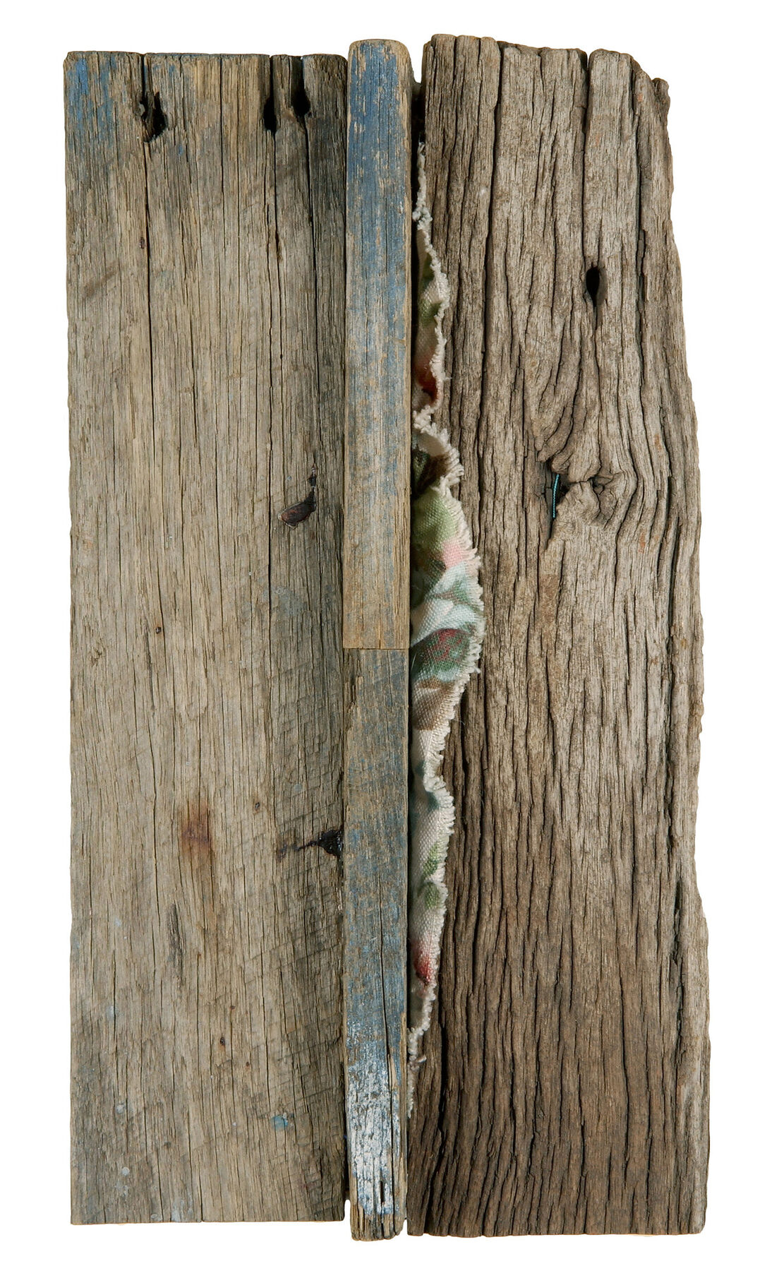 Two tall pieces of deeply cracked grey timber pressed together, with a strip of faded floral chintz linen showing in the seam between them.